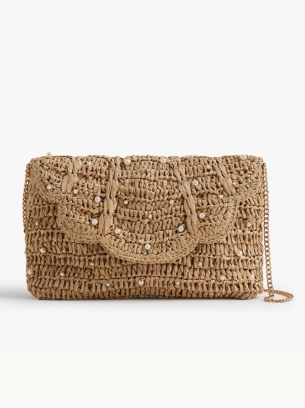 J.Crew Factory Feminine elegant Straw Pearl Clutch with gold chain shoulderstrap